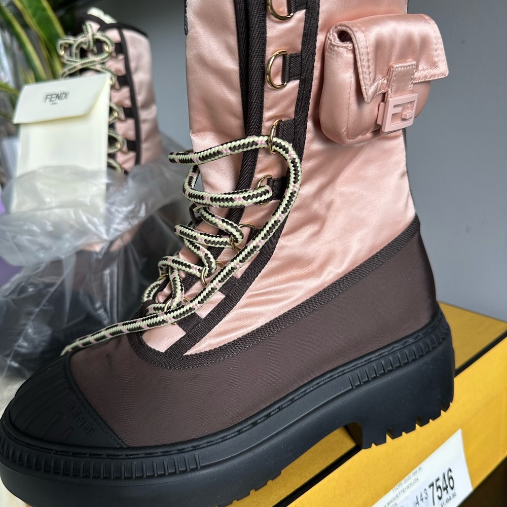 Fendi Baguette Domino Nylon Combat Boots – Rose Pink Biker Style – New With Tags